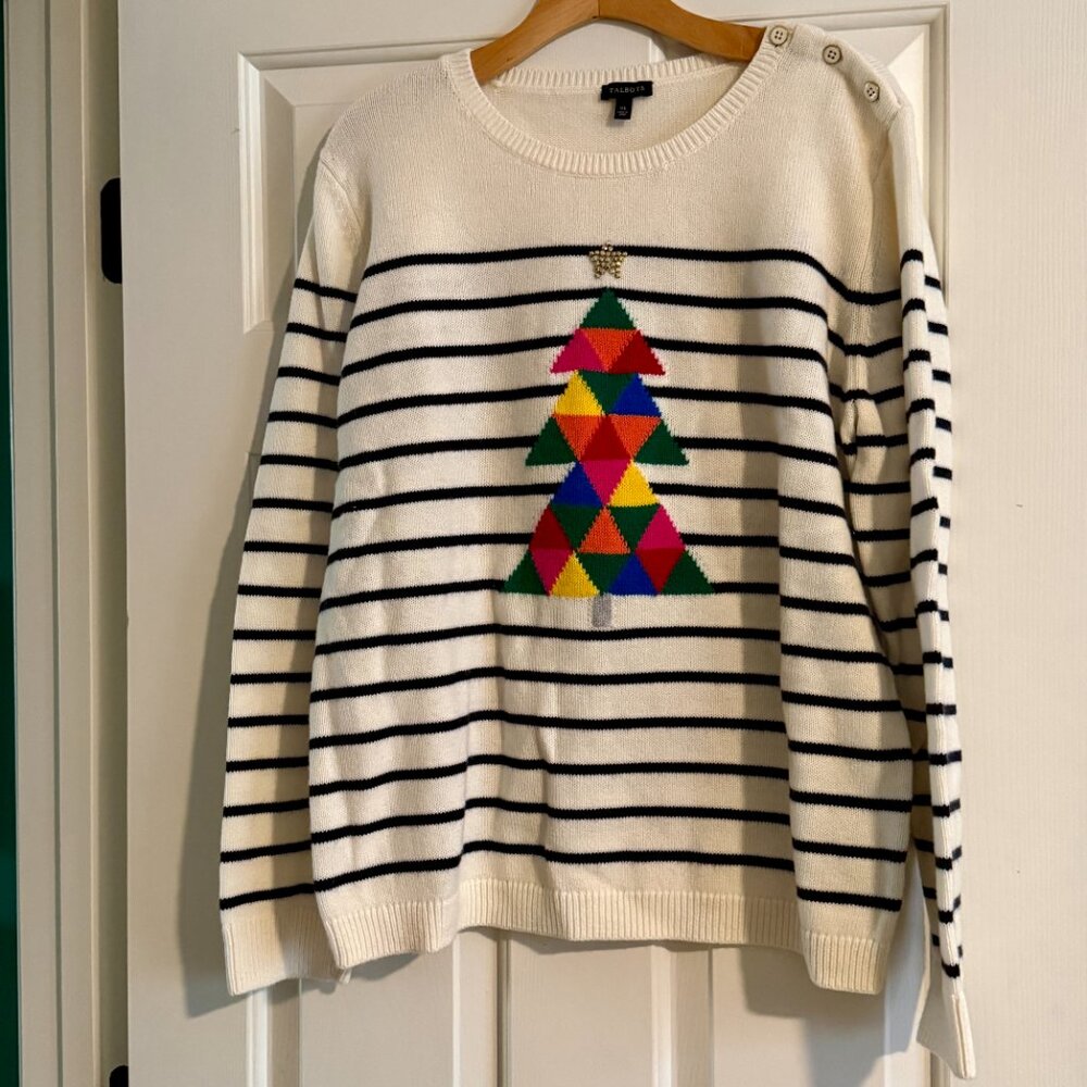 Talbots Cream/Navy Striped Christmas Tree Sweater Size XL, 30% Lambswool, EUC
